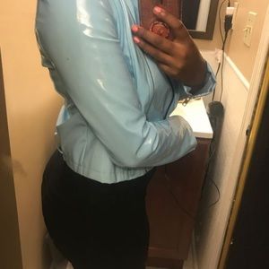 Patent baby blue biker jacket